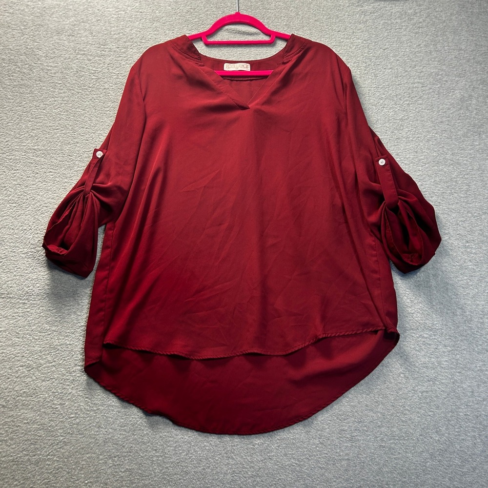 High Low Roll Tab Sleeve Blouse Top Womens XXL Burgundy Red Roswear Career Fit